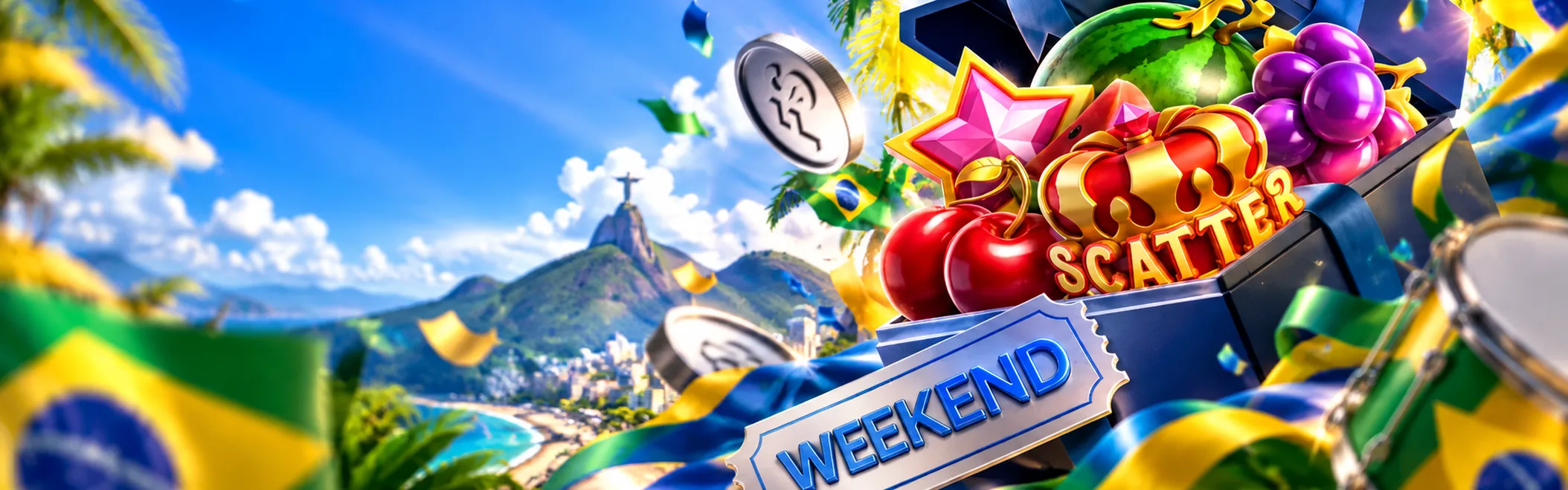 Wintomic treasure chest with weekend bonus, slot fruits and Christ the Redeemer in Rio de Janeiro